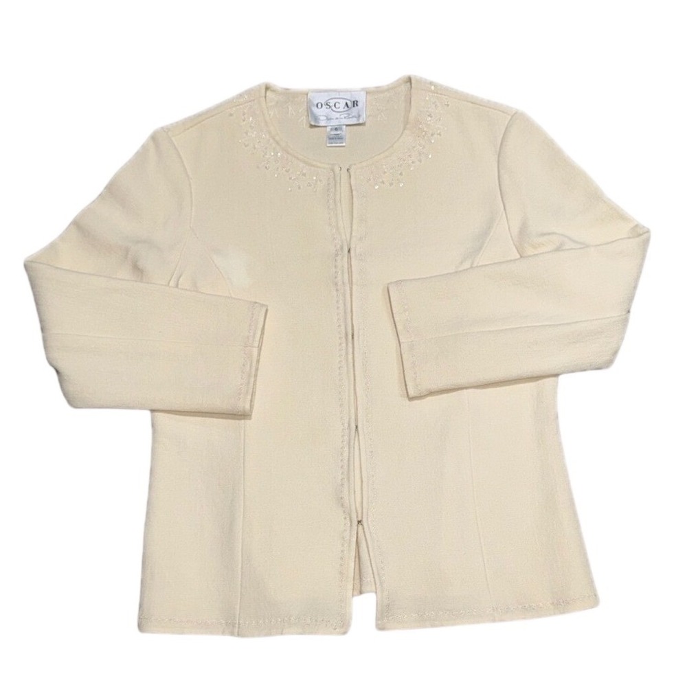 OSCAR BY OSCAR DE LA RENTA Wool Cardigan Rhinestone Beaded Cardigan | Women's 6